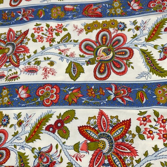 Vintage Floral Striped Fabric Center Seam White Blue 2 Yds Decor Crafting Sewing - Picture 1 of 12